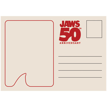 Jaws 50th Anniversary postcard with red text on a beige background.  Officially Licensed JAWS (1975) Artist Edition Postcards by Mondo. Art by Phantom City Creative, INC.